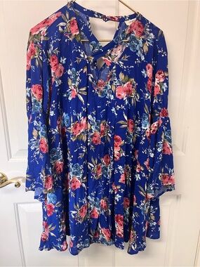 Umgee Royal Blue Floral Ruffle Dress with Pink Roses